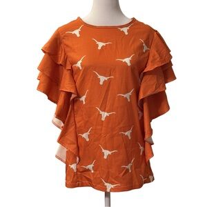 🧡🧡NWOT Vibrant Orange and White Longhorn Ruffle Sleeve Blouse Size Small